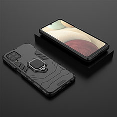 Custodia Silicone e Plastica Opaca Cover con Magnetico Anello Supporto KK1 per Samsung Galaxy F12 Nero