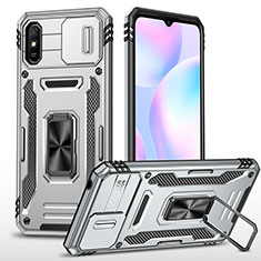 Custodia Silicone e Plastica Opaca Cover con Magnetico Anello Supporto MQ4 per Xiaomi Redmi 9A Argento