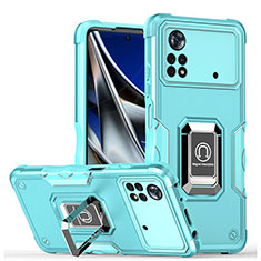 Custodia Silicone e Plastica Opaca Cover con Magnetico Anello Supporto QW1 per Xiaomi Poco M4 Pro 4G Azzurro