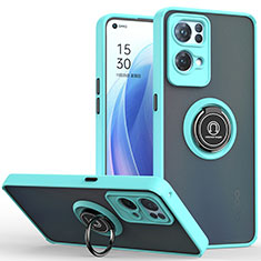 Custodia Silicone e Plastica Opaca Cover con Magnetico Anello Supporto QW2 per Oppo Reno7 Pro 5G Ciano