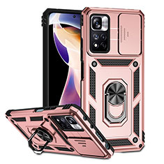 Custodia Silicone e Plastica Opaca Cover con Magnetico Anello Supporto QW3 per Xiaomi Redmi Note 11 Pro+ Plus 5G Oro Rosa