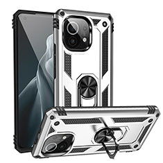 Custodia Silicone e Plastica Opaca Cover con Magnetico Anello Supporto R02 per Xiaomi Mi 11 Lite 5G NE Argento