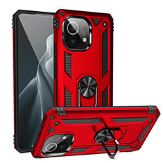 Custodia Silicone e Plastica Opaca Cover con Magnetico Anello Supporto R02 per Xiaomi Mi 11 Lite 5G Rosso