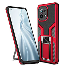 Custodia Silicone e Plastica Opaca Cover con Magnetico Anello Supporto R04 per Xiaomi Mi 11 5G Rosso