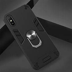 Custodia Silicone e Plastica Opaca Cover con Magnetico Anello Supporto R04 per Xiaomi Redmi 9i Nero