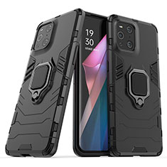 Custodia Silicone e Plastica Opaca Cover con Magnetico Anello Supporto S01 per Oppo Find X3 5G Nero