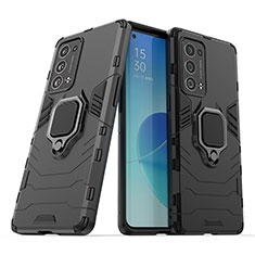 Custodia Silicone e Plastica Opaca Cover con Magnetico Anello Supporto S01 per Oppo Reno6 Pro+ Plus 5G Nero