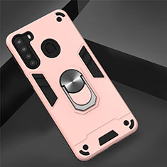 Custodia Silicone e Plastica Opaca Cover con Magnetico Anello Supporto S01 per Samsung Galaxy A21 Oro Rosa