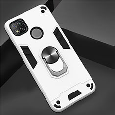 Custodia Silicone e Plastica Opaca Cover con Magnetico Anello Supporto S01 per Xiaomi Redmi 9 India Bianco