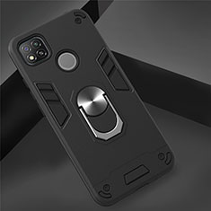 Custodia Silicone e Plastica Opaca Cover con Magnetico Anello Supporto S01 per Xiaomi Redmi 9 India Nero