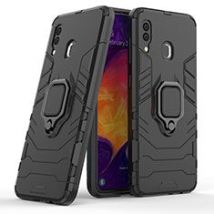 Custodia Silicone e Plastica Opaca Cover con Magnetico Anello Supporto S02 per Samsung Galaxy A20 Nero