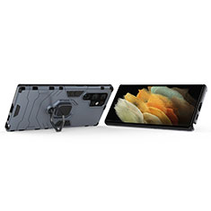 Custodia Silicone e Plastica Opaca Cover con Magnetico Anello Supporto S02 per Samsung Galaxy S21 Ultra 5G Blu