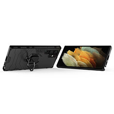 Custodia Silicone e Plastica Opaca Cover con Magnetico Anello Supporto S02 per Samsung Galaxy S22 Ultra 5G Nero