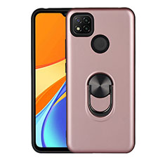 Custodia Silicone e Plastica Opaca Cover con Magnetico Anello Supporto S02 per Xiaomi Redmi 9 India Oro Rosa