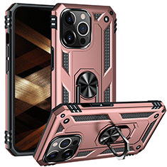 Custodia Silicone e Plastica Opaca Cover con Magnetico Anello Supporto S05 per Apple iPhone 15 Pro Max Oro Rosa