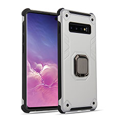 Custodia Silicone e Plastica Opaca Cover con Magnetico Anello Supporto T01 per Samsung Galaxy S10 Argento