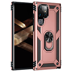 Custodia Silicone e Plastica Opaca Cover con Magnetico Anello Supporto T02 per Samsung Galaxy S25 Ultra 5G Oro Rosa