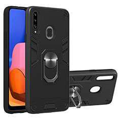 Custodia Silicone e Plastica Opaca Cover con Magnetico Anello Supporto Y01B per Samsung Galaxy A20s Nero