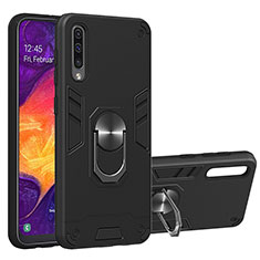 Custodia Silicone e Plastica Opaca Cover con Magnetico Anello Supporto Y01B per Samsung Galaxy A50S Nero