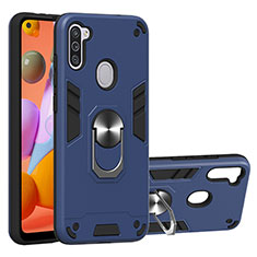 Custodia Silicone e Plastica Opaca Cover con Magnetico Anello Supporto Y01B per Samsung Galaxy M11 Blu