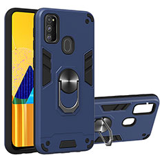 Custodia Silicone e Plastica Opaca Cover con Magnetico Anello Supporto Y01B per Samsung Galaxy M21 Blu