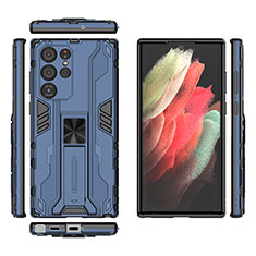 Custodia Silicone e Plastica Opaca Cover con Magnetico Supporto A03 per Samsung Galaxy S21 Ultra 5G Blu