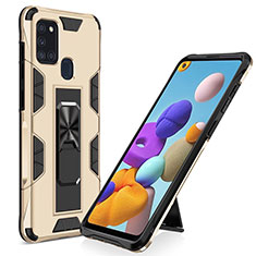 Custodia Silicone e Plastica Opaca Cover con Magnetico Supporto MQ1 per Samsung Galaxy A21s Oro