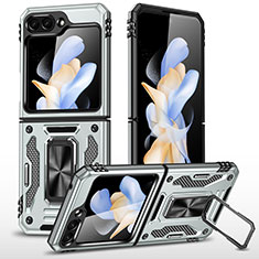 Custodia Silicone e Plastica Opaca Cover con Magnetico Supporto MQ1 per Samsung Galaxy Z Flip5 5G Argento