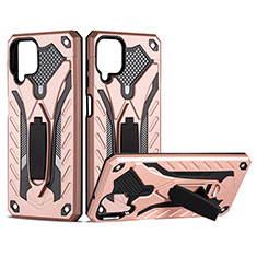 Custodia Silicone e Plastica Opaca Cover con Magnetico Supporto per Samsung Galaxy M12 Oro Rosa