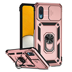 Custodia Silicone e Plastica Opaca Cover con Magnetico Supporto QW2 per Samsung Galaxy M02 Oro Rosa