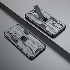 Custodia Silicone e Plastica Opaca Cover con Magnetico Supporto T01 per Oppo F19 Grigio