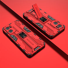 Custodia Silicone e Plastica Opaca Cover con Magnetico Supporto T01 per Oppo Find X5 Lite 5G Rosso