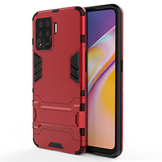 Custodia Silicone e Plastica Opaca Cover con Supporto T01 per Oppo Reno5 F Rosso