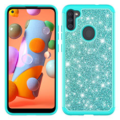 Custodia Silicone e Plastica Opaca Cover Fronte e Retro 360 Gradi Bling-Bling JX1 per Samsung Galaxy A11 Ciano