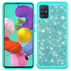 Custodia Silicone e Plastica Opaca Cover Fronte e Retro 360 Gradi Bling-Bling JX1 per Samsung Galaxy A51 5G Ciano