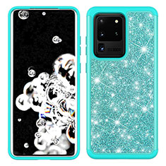 Custodia Silicone e Plastica Opaca Cover Fronte e Retro 360 Gradi Bling-Bling JX1 per Samsung Galaxy S20 Ultra 5G Ciano