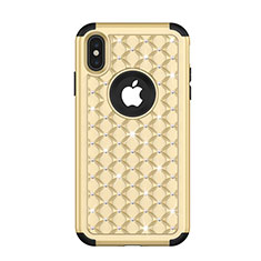 Custodia Silicone e Plastica Opaca Cover Fronte e Retro 360 Gradi Bling-Bling per Apple iPhone Xs Oro e Nero