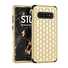 Custodia Silicone e Plastica Opaca Cover Fronte e Retro 360 Gradi Bling-Bling U01 per Samsung Galaxy S10 Oro e Nero