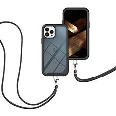 Custodia Silicone e Plastica Opaca Cover Fronte e Retro 360 Gradi con Cinghia Cordino Mano per Apple iPhone 13 Pro Max Nero