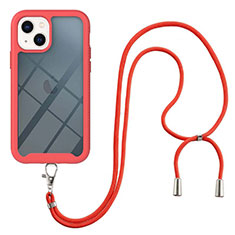 Custodia Silicone e Plastica Opaca Cover Fronte e Retro 360 Gradi con Cinghia Cordino Mano per Apple iPhone 14 Plus Rosso