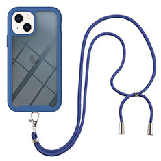 Custodia Silicone e Plastica Opaca Cover Fronte e Retro 360 Gradi con Cinghia Cordino Mano per Apple iPhone 15 Plus Blu