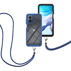 Custodia Silicone e Plastica Opaca Cover Fronte e Retro 360 Gradi con Cinghia Cordino Mano per Motorola Moto G 5G (2023) Blu