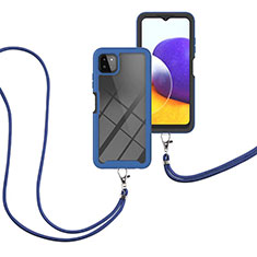 Custodia Silicone e Plastica Opaca Cover Fronte e Retro 360 Gradi con Cinghia Cordino Mano per Samsung Galaxy A22s 5G Blu