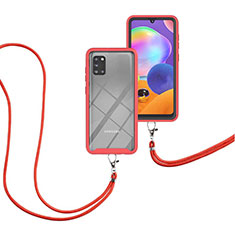 Custodia Silicone e Plastica Opaca Cover Fronte e Retro 360 Gradi con Cinghia Cordino Mano per Samsung Galaxy A31 Rosso