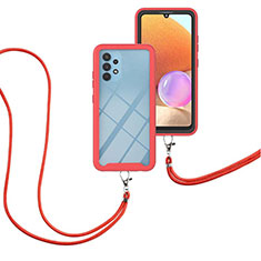 Custodia Silicone e Plastica Opaca Cover Fronte e Retro 360 Gradi con Cinghia Cordino Mano per Samsung Galaxy A32 5G Rosso