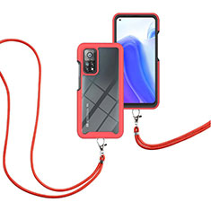 Custodia Silicone e Plastica Opaca Cover Fronte e Retro 360 Gradi con Cinghia Cordino Mano per Xiaomi Mi 10T 5G Rosso
