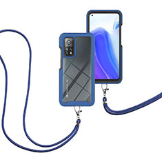 Custodia Silicone e Plastica Opaca Cover Fronte e Retro 360 Gradi con Cinghia Cordino Mano per Xiaomi Mi 10T Pro 5G Blu