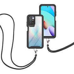 Custodia Silicone e Plastica Opaca Cover Fronte e Retro 360 Gradi con Cinghia Cordino Mano per Xiaomi Redmi 10 (2022) Nero