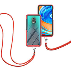 Custodia Silicone e Plastica Opaca Cover Fronte e Retro 360 Gradi con Cinghia Cordino Mano per Xiaomi Redmi Note 9 Pro Max Rosso