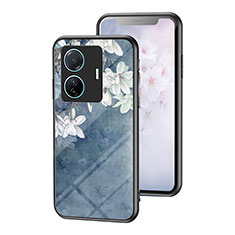 Custodia Silicone Gel Laterale Fiori Specchio Cover per Vivo T1 Pro 5G Blu